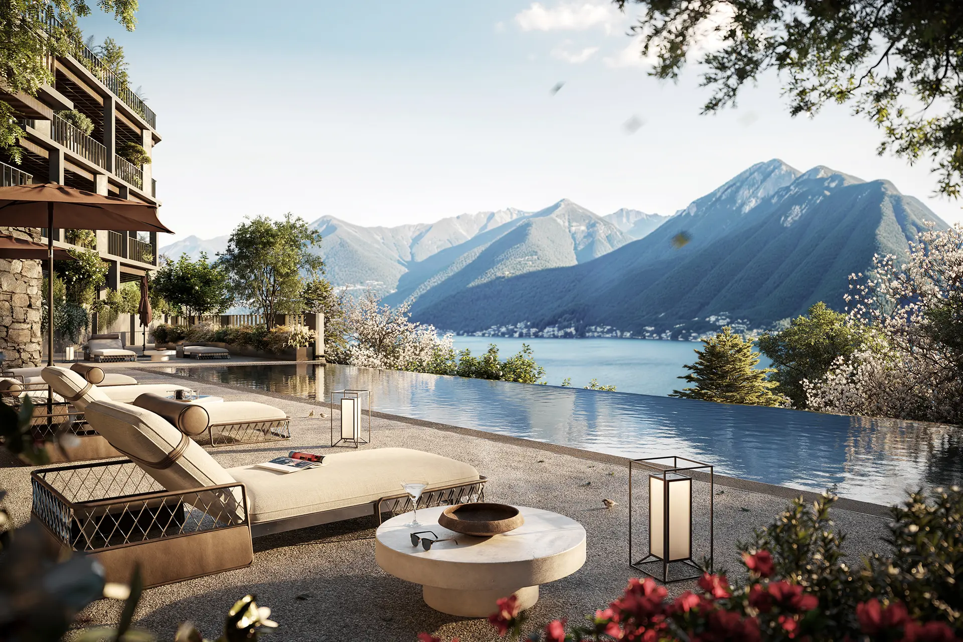Panoramic view of Lake Como with mountains and refined residential atmosphere